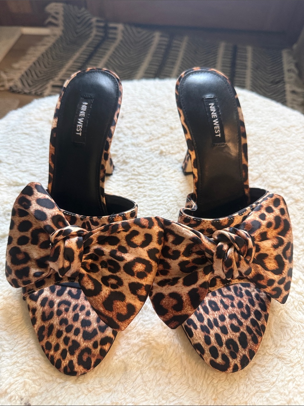Nine West Leopard Bow Mule Slides in Brown & Black